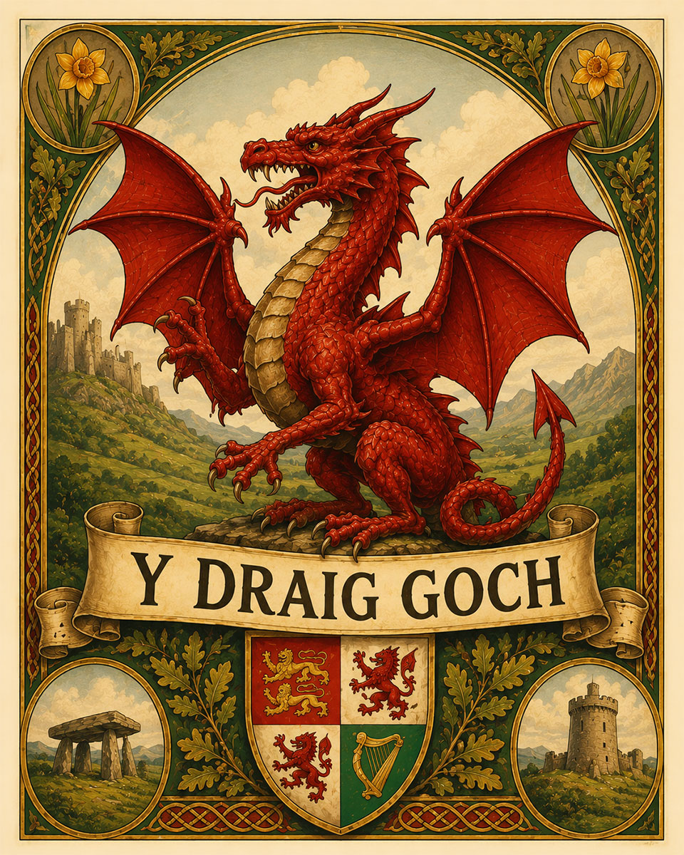 Vintage Welsh Red Dragon Emblem with - Y DRAIG GOCH - Banner Matted Print