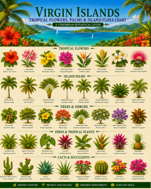 Virgin Islands Tropical Flowers Palms & Island Flora Chart Matted Art Print - Caribbean Botanical Guide