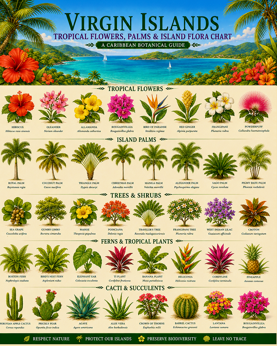 Virgin Islands Tropical Flowers Palms & Island Flora Chart Matted Art Print - Caribbean Botanical Guide