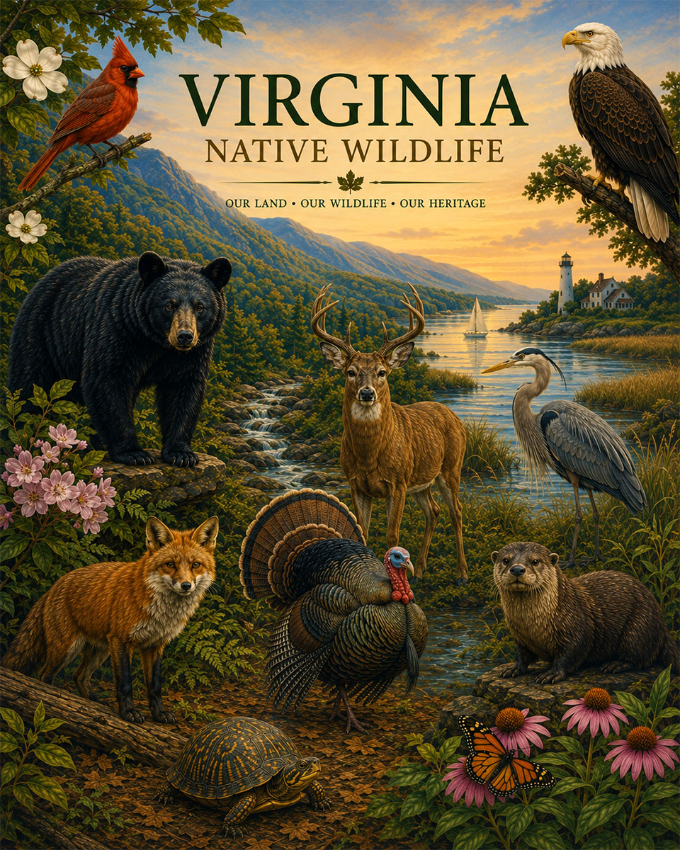Virginia-Native-Wildlife-Matted-Art-PrintQQAppalachian-and-Coastal-Animal-Collage