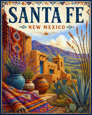 Visit Santa Fe Matted Art Print - Retro New Mexico Wholesale