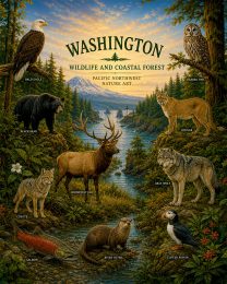 Washington-Wildlife-and-Coastal-Forest-Collage-Matted-Art-PrintQQPacific-Northwest-Nature-Art