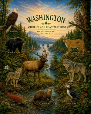 Washington-Wildlife-and-Coastal-Forest-Collage-Matted-Art-PrintQQPacific-Northwest-Nature-Art