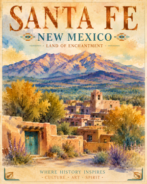 Watercolor Santa Fe Matted Art Print - Wholesale New Mexico Home Decor