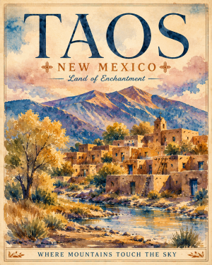 Watercolor Taos Art Print in Mat - Wholesale New Mexico Decor