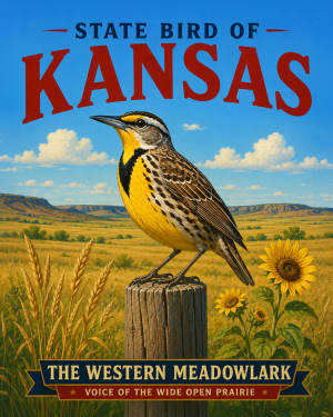 Western Meadowlark Kansas State Bird Matted Art Print - Prairieland Wildlife Illustration for Rustic Americana Themes