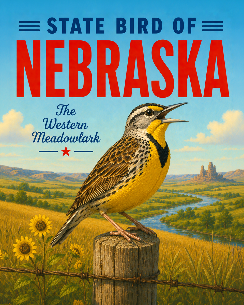 Western Meadowlark Nebraska State Bird Matted Art Print - Great Plains Bird Illustration for Farmhouse Gallery Walls