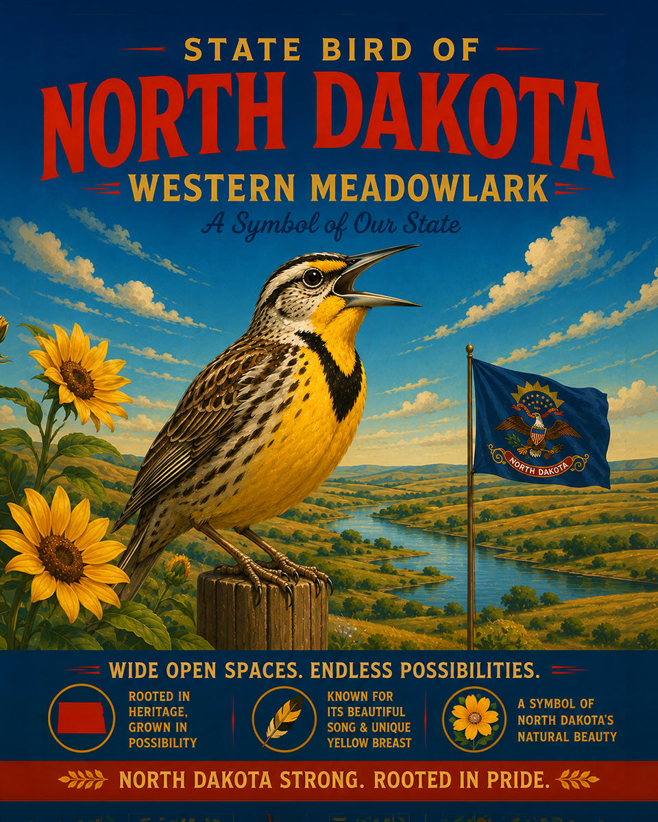 Western Meadowlark North Dakota State Bird Matted Art Print - Open Range Wildlife Sketch for Rustic Prairie Decor