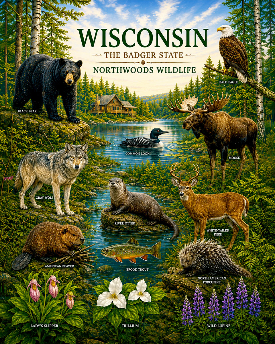 Wisconsin-Northwoods-Wildlife-Matted-Art-PrintQQWolves-Bears-and-Loon-Nature-Art