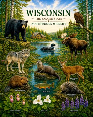 Wisconsin-Northwoods-Wildlife-Matted-Art-PrintQQWolves-Bears-and-Loon-Nature-Art