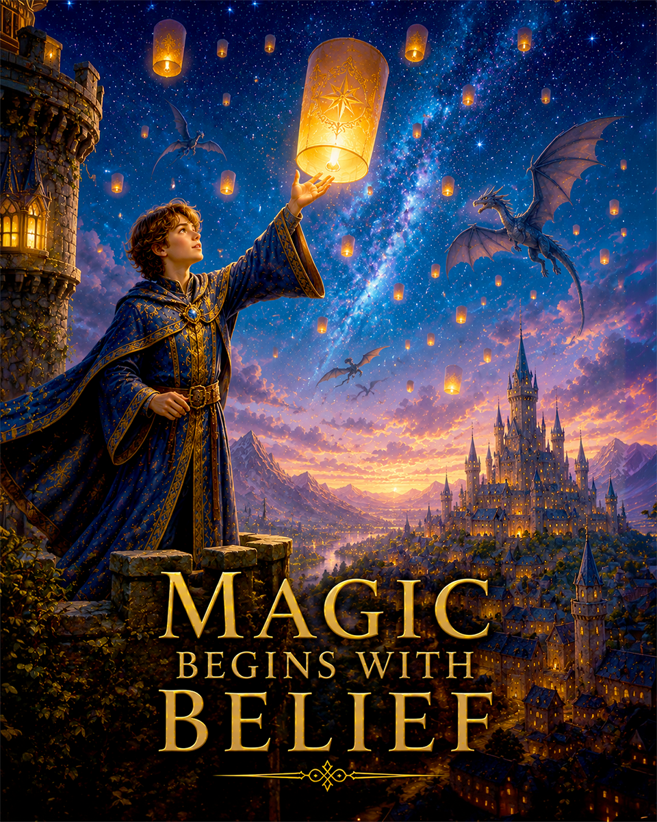 Wizard Magic Wall Art Matted Art Print - Magic Begins with Belief Medieval Fantasy Decor