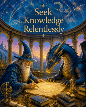 Wizard and Dragon Wall Art Matted Art Print - Seek Knowledge Relentlessly Fantasy Decor