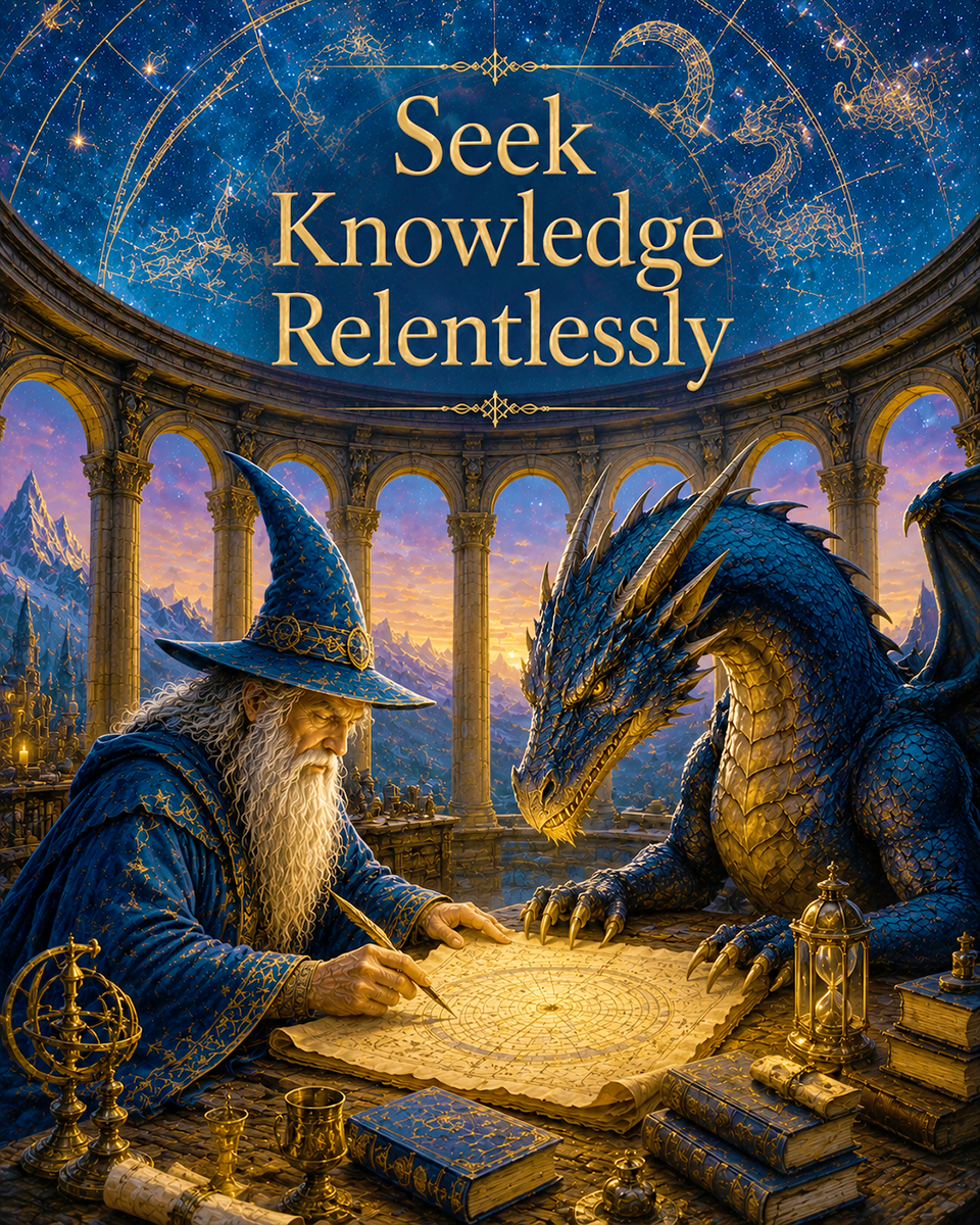 Wizard and Dragon Wall Art Matted Art Print - Seek Knowledge Relentlessly Fantasy Decor