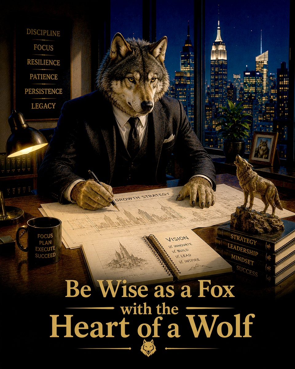 Wolf Success Wall Art Matted Art Print - Be Wise as a Fox with the Heart of a Wolf Business Decor