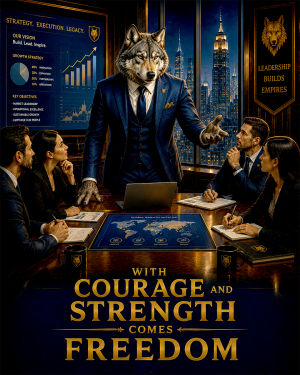 Wolf Success Wall Art Matted Art Print - With Courage and Strength Comes Freedom Business Decor
