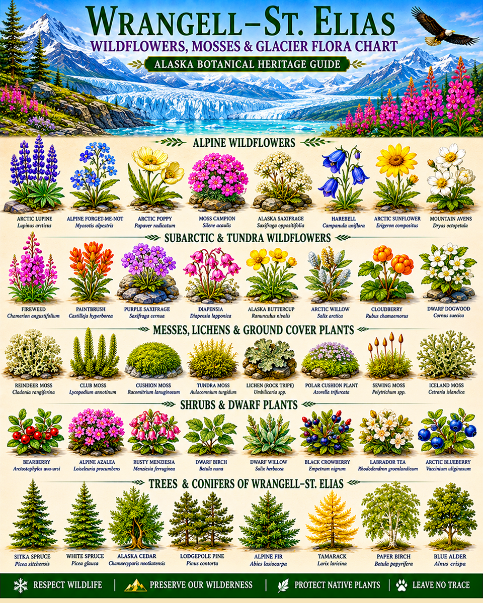 Wrangell–St. Elias Wildflowers Mosses & Glacier Flora Chart Matted Art Print - Alaska Botanical Heritage Guide