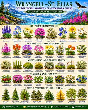 Wrangell–St. Elias Wildflowers Mosses & Glacier Flora Chart Matted Art Print - Alaska Botanical Heritage Guide