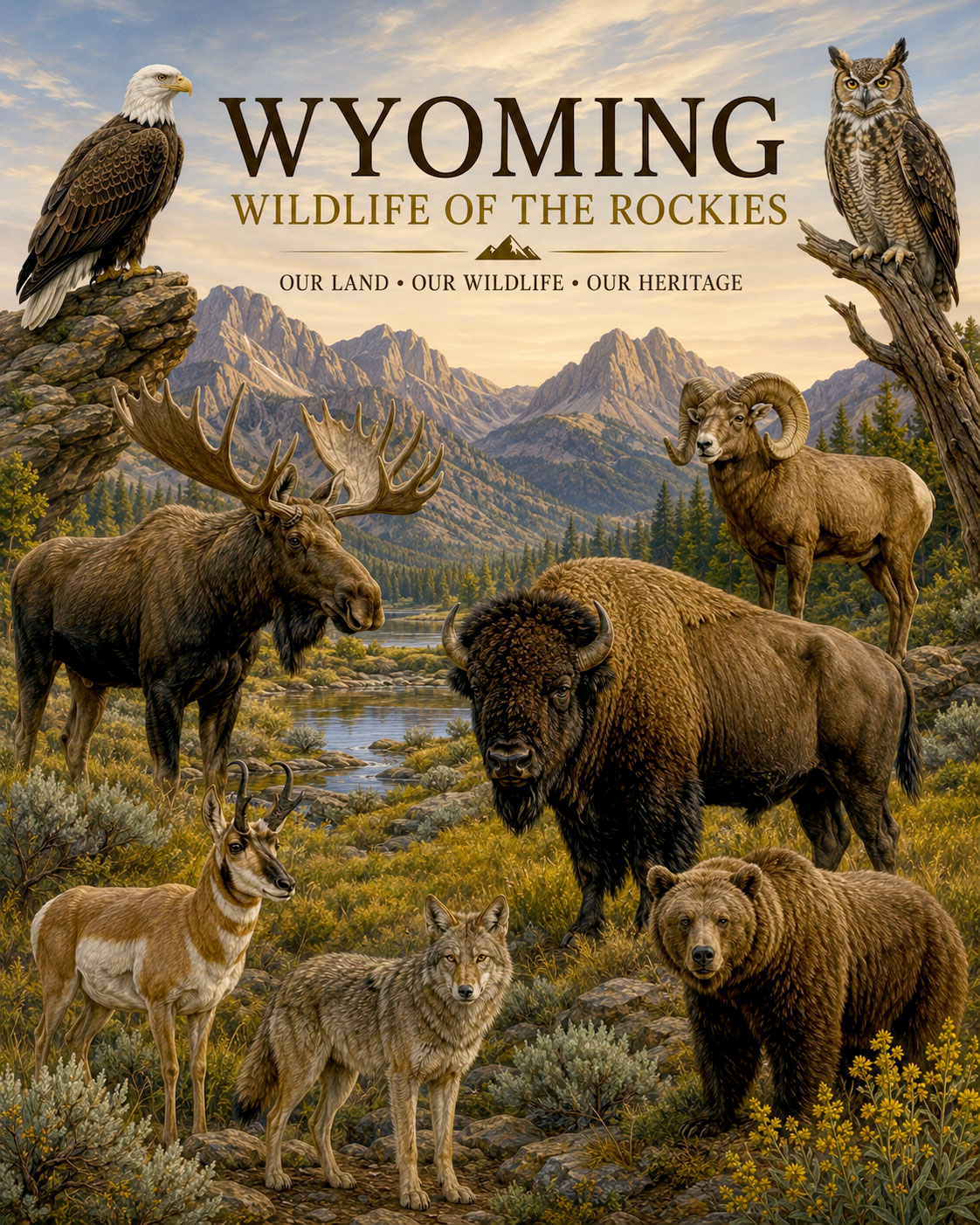 Wyoming-Wildlife-of-the-Rockies-Matted-Art-PrintQQBison-Moose-and-Mountain-Heritage-Collage