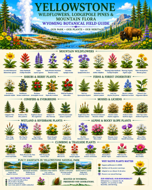 Yellowstone Wildflowers Lodgepole Pines & Mountain Flora Chart Matted Art Print - Wyoming Botanical Field Guide
