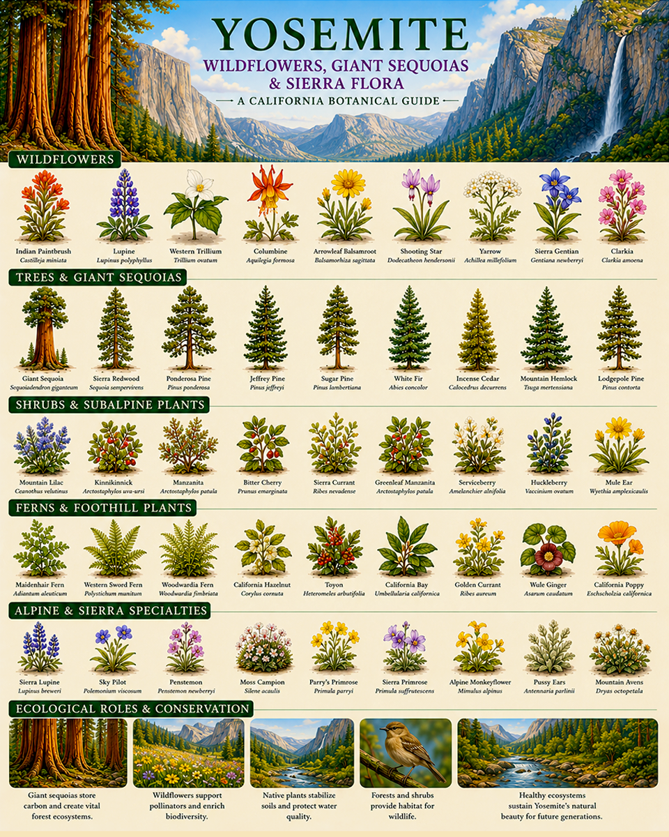 Yosemite Wildflowers Giant Sequoias & Sierra Flora Chart Matted Art Print - California Botanical Guide