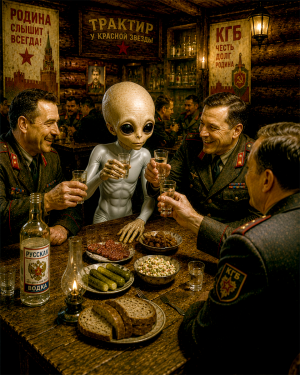 Zeta-Reticuli-Star-System-Alien-Skinny-Bob-Drinking-with-the-KGB-Matted-Art-Print-Wholesale-Gallery-Wall-Art