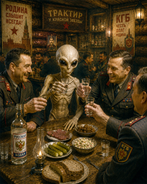 Zeta Reticuli Star System Alien Skinny Bob Drinking with the KGB - Matted Art Print - Wholesale Gallery Wall Art