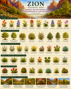 Zion Desert Wildflowers Cottonwoods & Canyon Flora Chart Matted Art Print - Utah Plant Identification Guide
