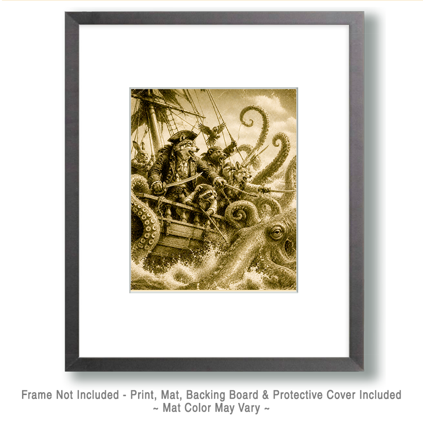 Anthropomorphic Animal Pirates on a Pirate Ship Fighting a Kraken Matted Print - Wholesale Lake Life Souvenir Decor - Image 2
