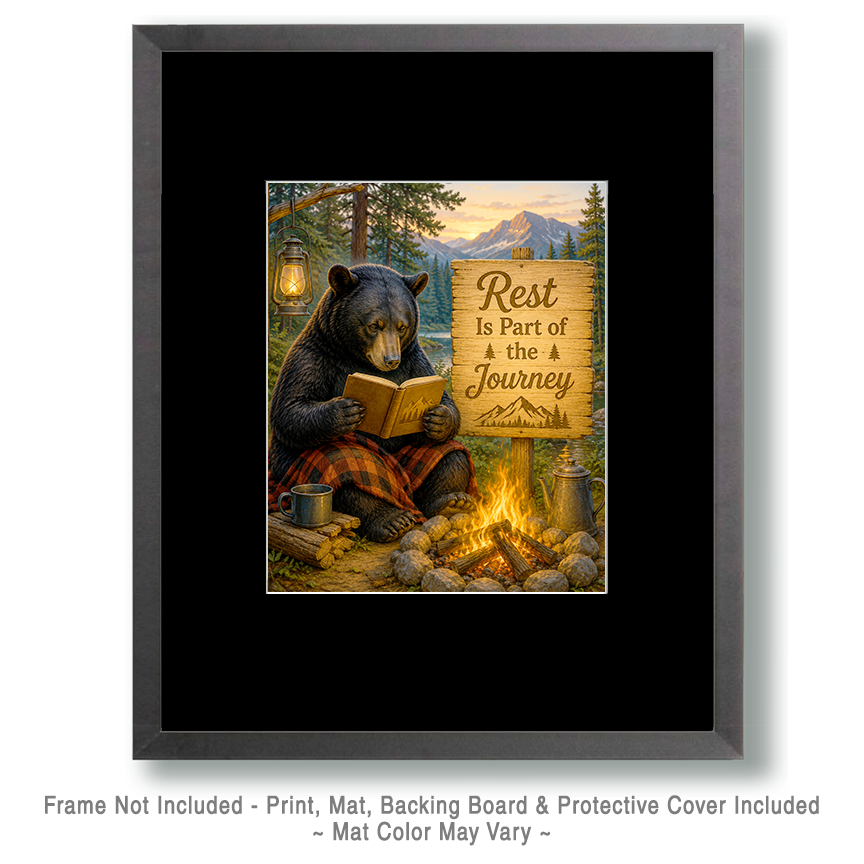 Black Bear Campfire Wall Art Matted Art Print - Rustic Cabin Decor with Inspirational Quote - Image 2