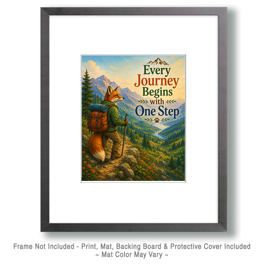 Fox Adventure Wall Art Matted Art Print - Mountain Hiking Decor with Motivational Saying - Image 2