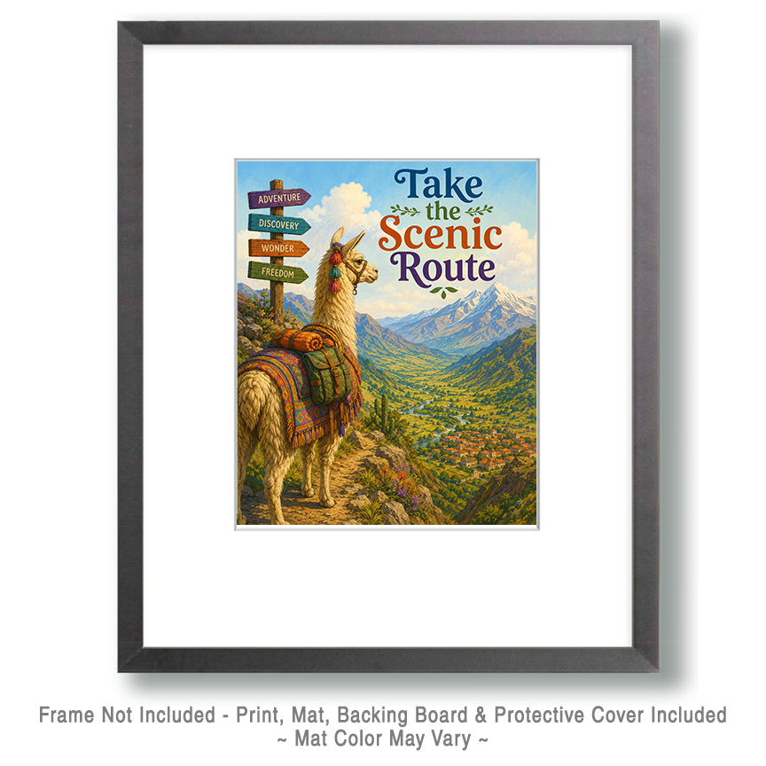 Llama Adventure Wall Art Matted Art Print - Mountain Travel Decor with Inspirational Saying - Image 2