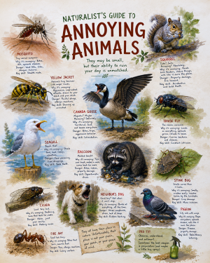 naturalist's guide to annoying animals matted art print - funny wildlife identification chart