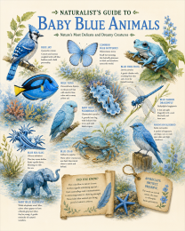 naturalist's guide to baby blue animals matted art print - colorful wildlife field guide wall art