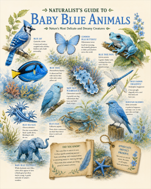 naturalist's guide to baby blue animals matted art print - colorful wildlife field guide wall art