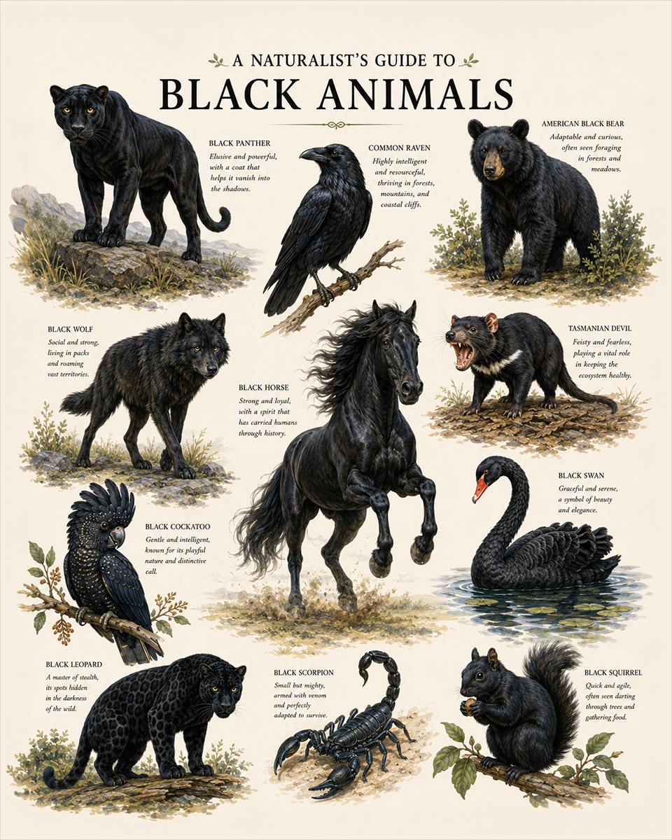 naturalist's guide to black animals matted art print - nature study and wildlife chart