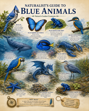 naturalist's guide to blue animals matted art print - color themed wildlife identification print