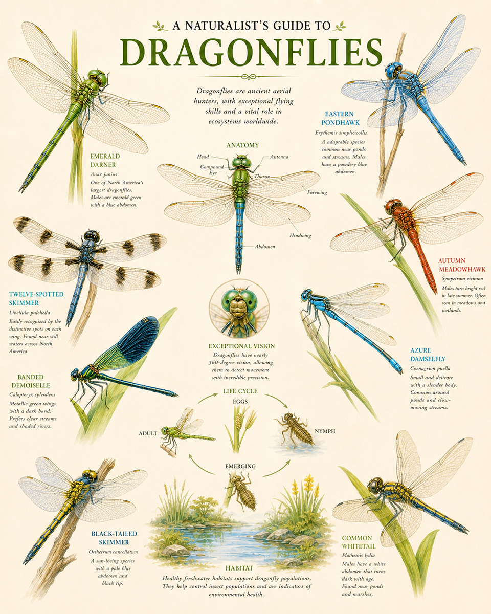 naturalist's guide to dragonflies matted art print - insect identification and nature study chart