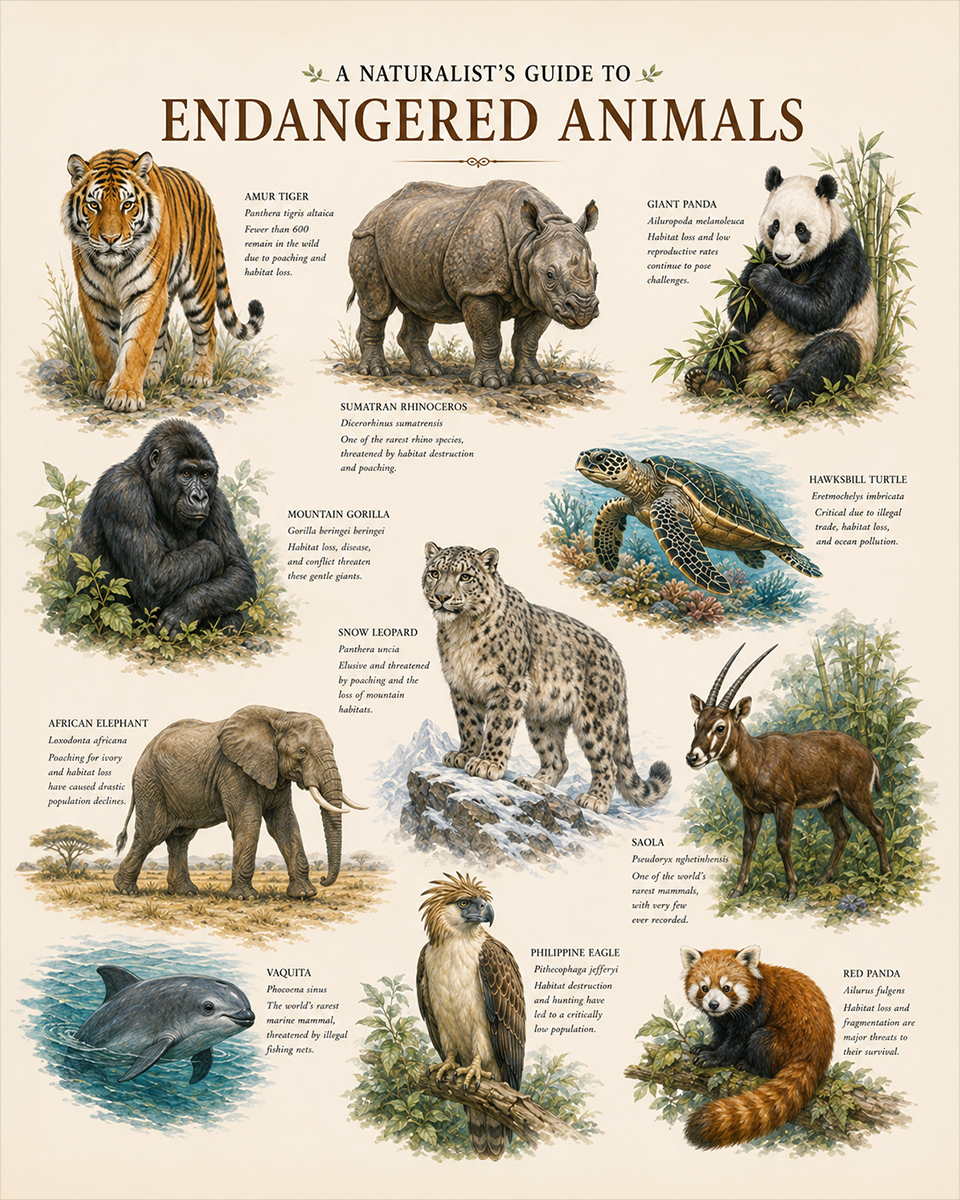 naturalist's guide to endangered animals matted art print - wildlife conservation educational wall art
