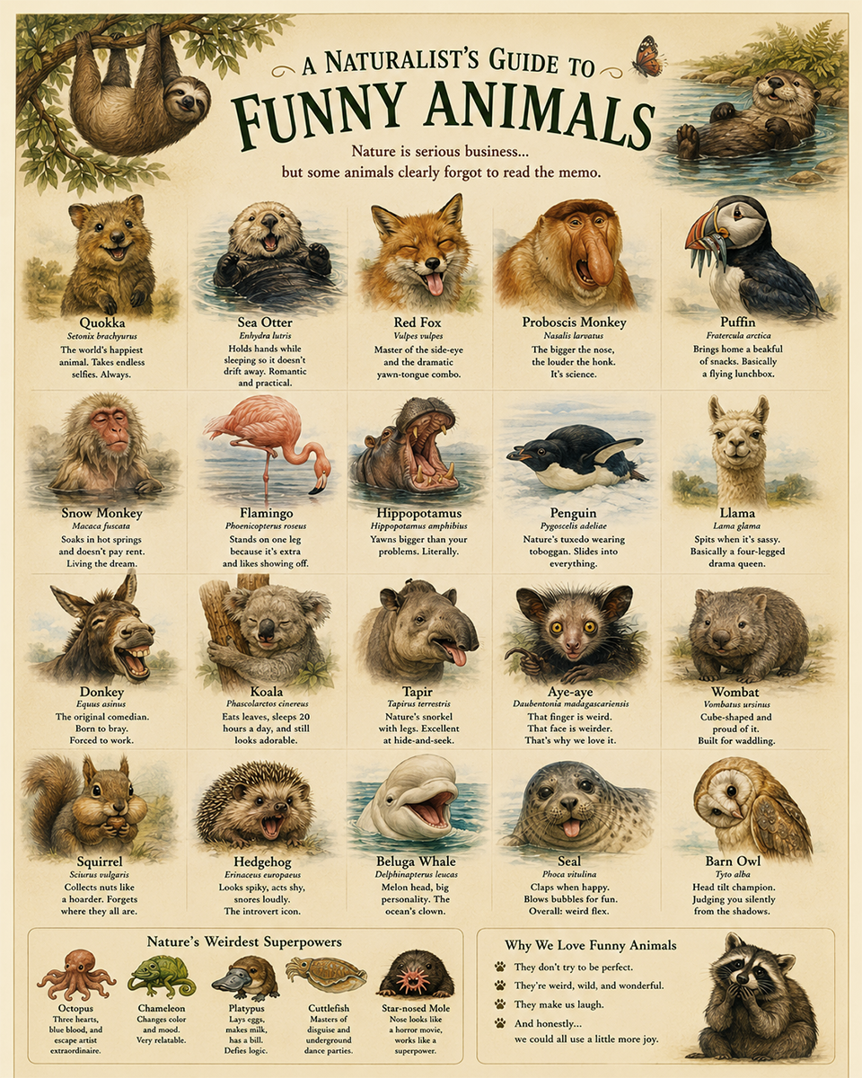 naturalist's guide to funny animals matted art print - humorous wildlife education poster