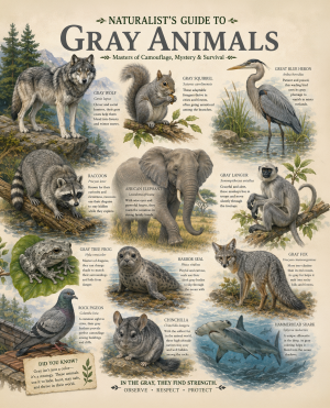 naturalist's guide to gray animals matted art print - nature observation and wildlife chart