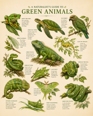 naturalist's guide to green animals matted art print - colorful wildlife identification guide