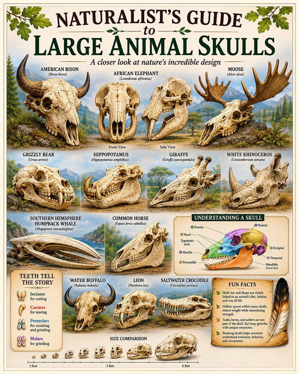 naturalist's guide to large animal skulls matted art print - wildlife anatomy reference chart