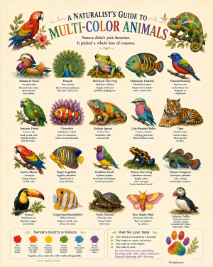 naturalist's guide to multi color animals matted art print - colorful wildlife educational chart