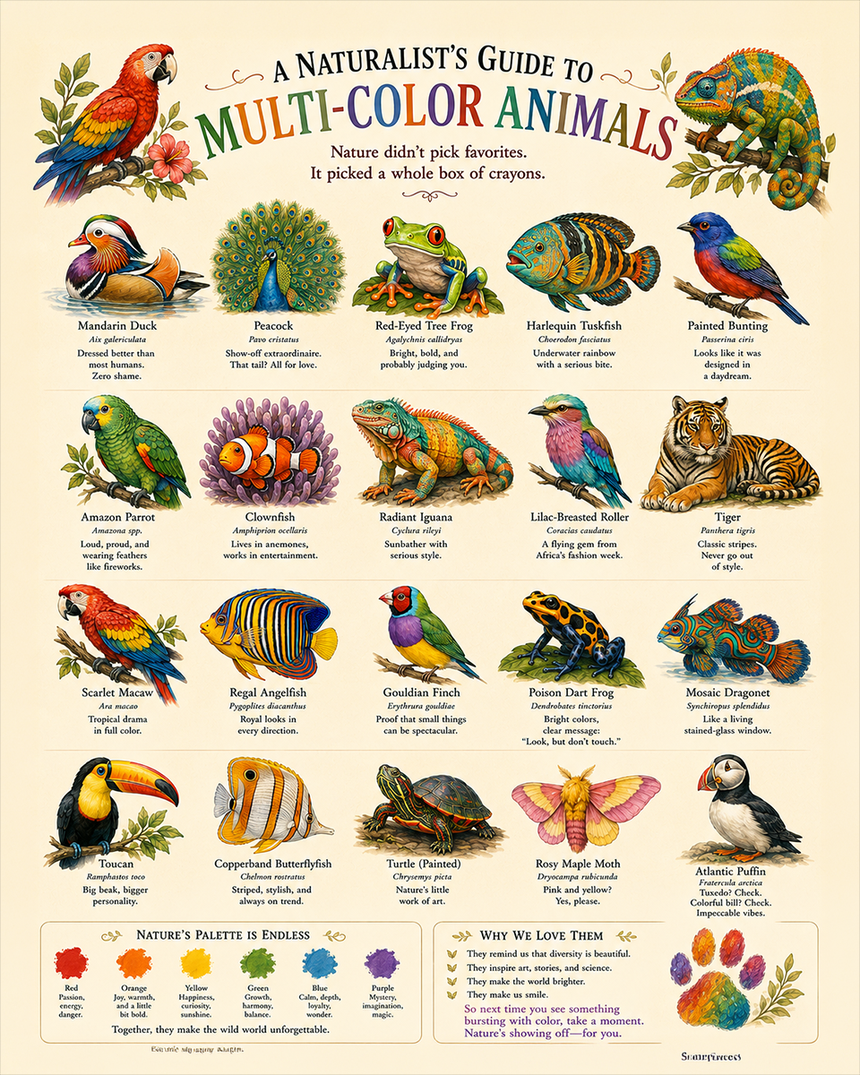 naturalist's guide to multi color animals matted art print - colorful wildlife educational chart