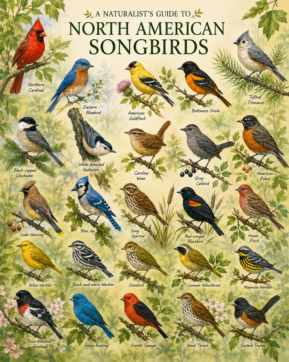 naturalist's guide to north american songbirds matted art print - birdwatching field guide wall art