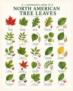naturalist's guide to north american tree leaves matted art print - tree identification educational chart