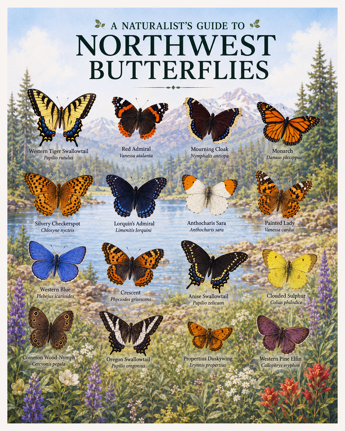 naturalist's guide to northwest butterflies matted art print - native butterfly identification chart