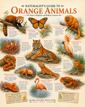 naturalist's guide to orange animals matted art print - color based wildlife collection