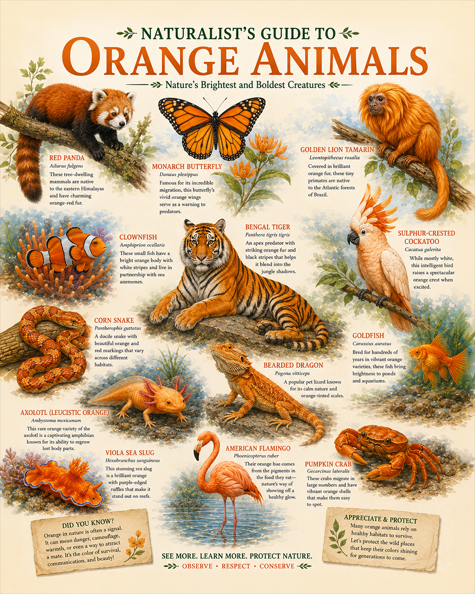 naturalist's guide to orange animals matted art print - color based wildlife collection