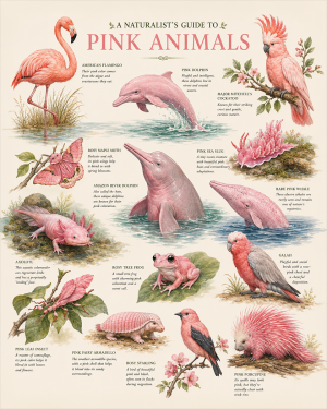 naturalist's guide to pink animals matted art print - nature color study wildlife chart